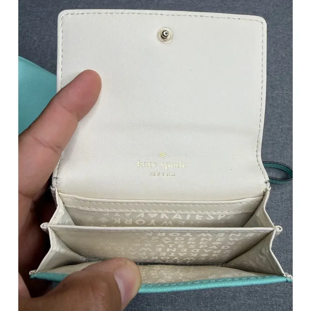 Kate Spade Teal Light Blue Leather Credit Card ID Window Trifold Wristlet Coin